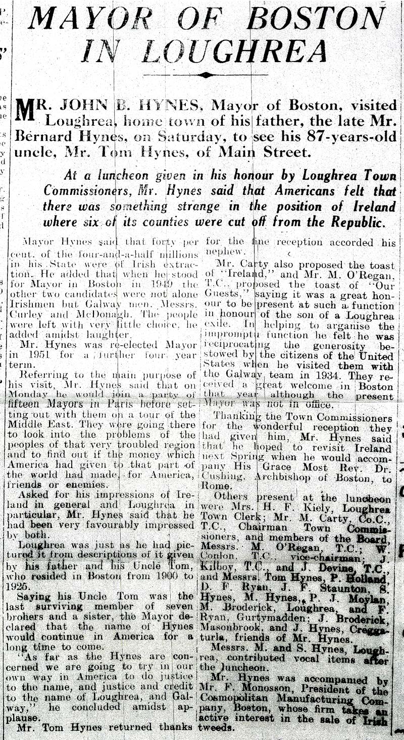 Mayor of Boston in Loughrea - Connacht Tribune 24/10/1953 